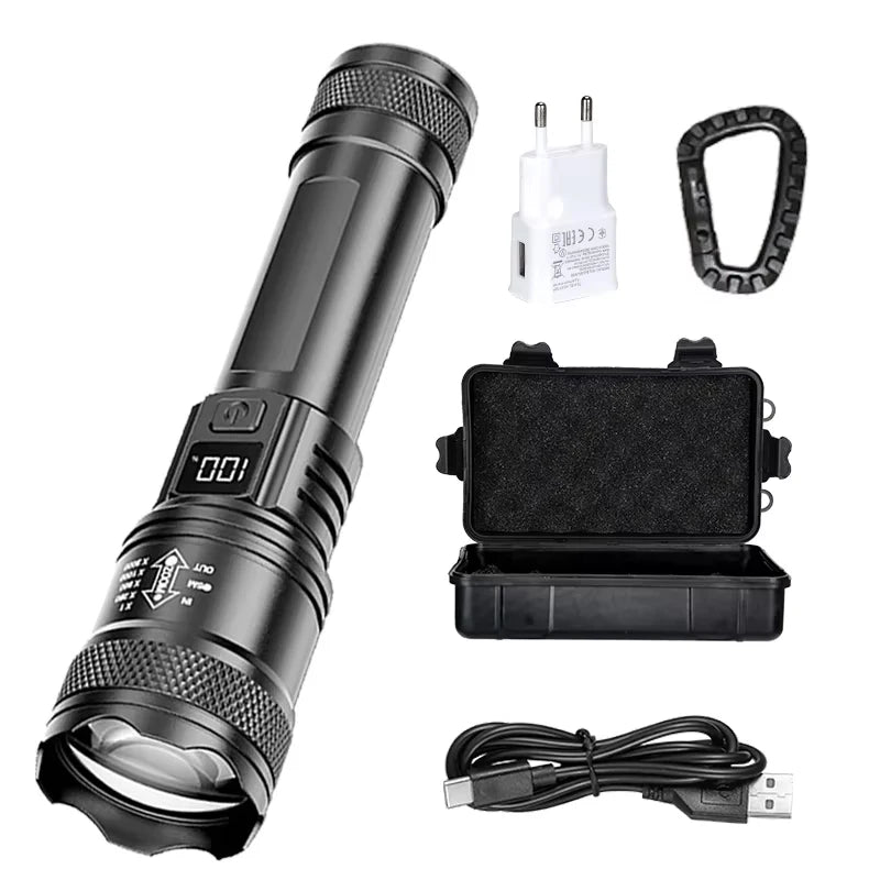 2000LM Tactical LED Flashlight — USB Rechargeable Zoomable Torch with Digital Display