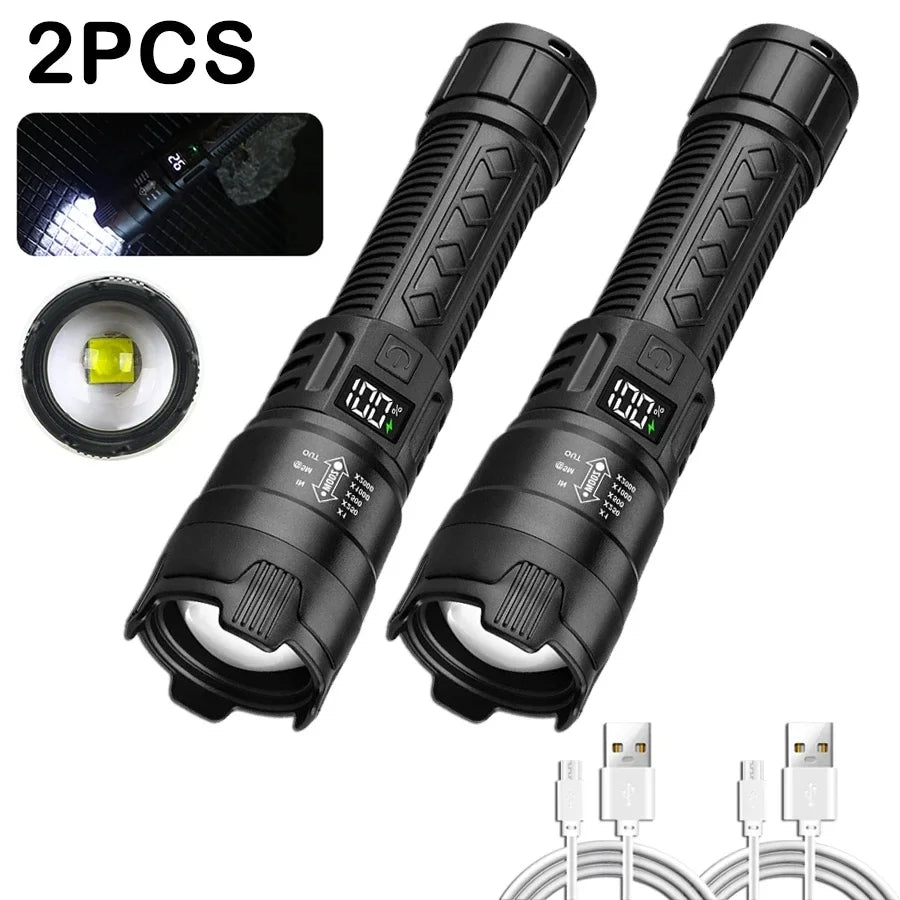 2000LM Tactical LED Flashlight — USB Rechargeable Zoomable Torch with Digital Display