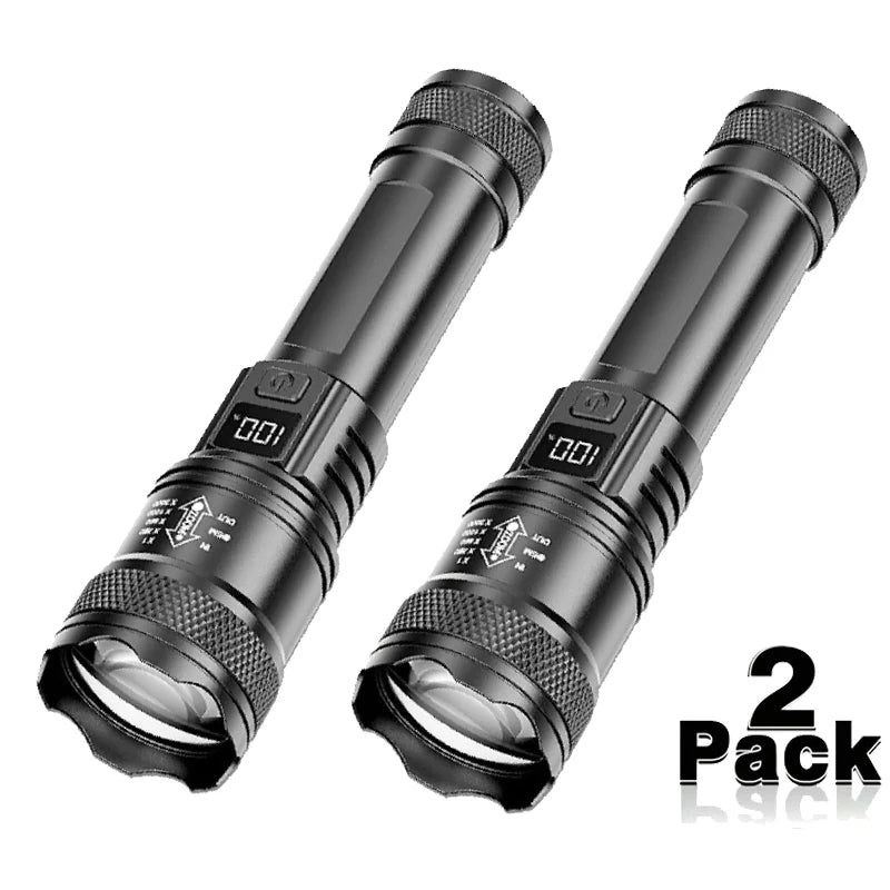 2000LM Tactical LED Flashlight — USB Rechargeable Zoomable Torch with Digital Display