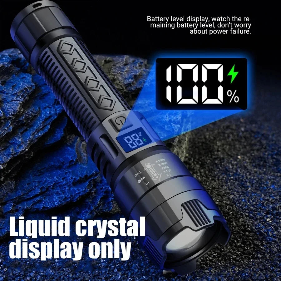 2000LM Tactical LED Flashlight — USB Rechargeable Zoomable Torch with Digital Display