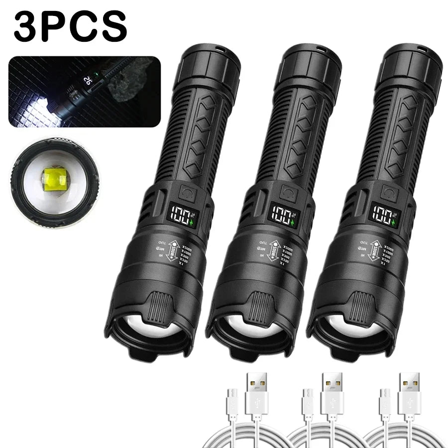 2000LM Tactical LED Flashlight — USB Rechargeable Zoomable Torch with Digital Display