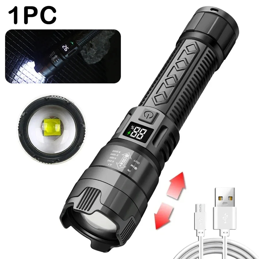 2000LM Tactical LED Flashlight — USB Rechargeable Zoomable Torch with Digital Display