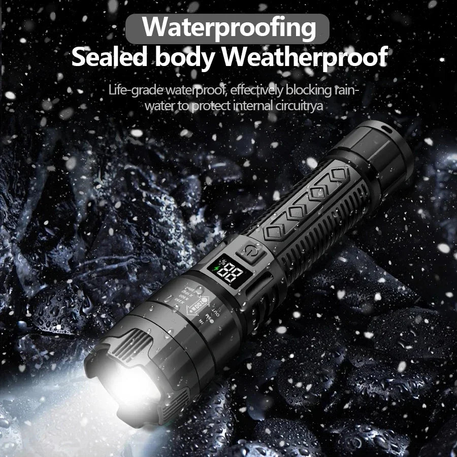 2000LM Tactical LED Flashlight — USB Rechargeable Zoomable Torch with Digital Display