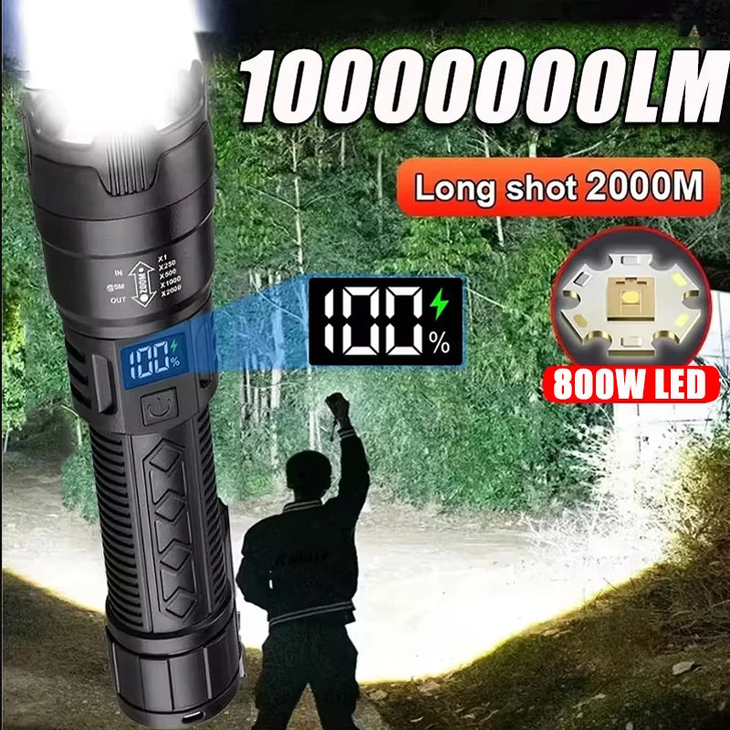 2000LM Tactical LED Flashlight — USB Rechargeable Zoomable Torch with Digital Display