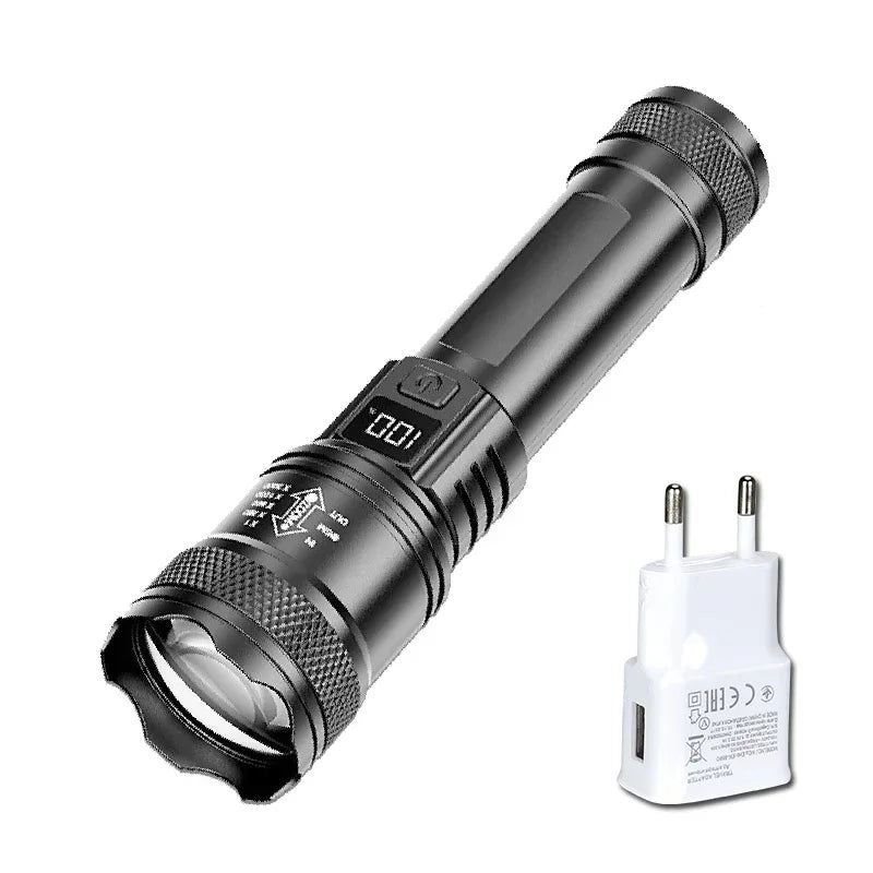 2000LM Tactical LED Flashlight — USB Rechargeable Zoomable Torch with Digital Display