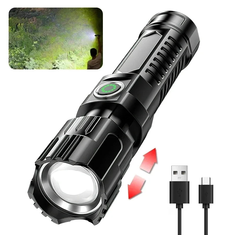 2000LM Tactical LED Flashlight — USB Rechargeable Zoomable Torch with Digital Display