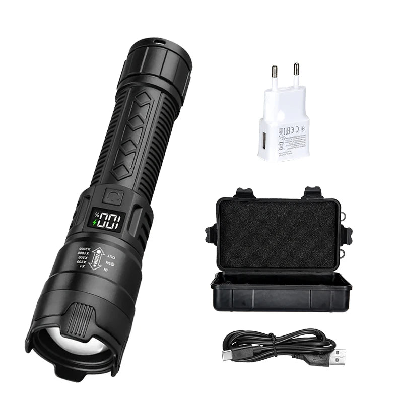 2000LM Tactical LED Flashlight — USB Rechargeable Zoomable Torch with Digital Display