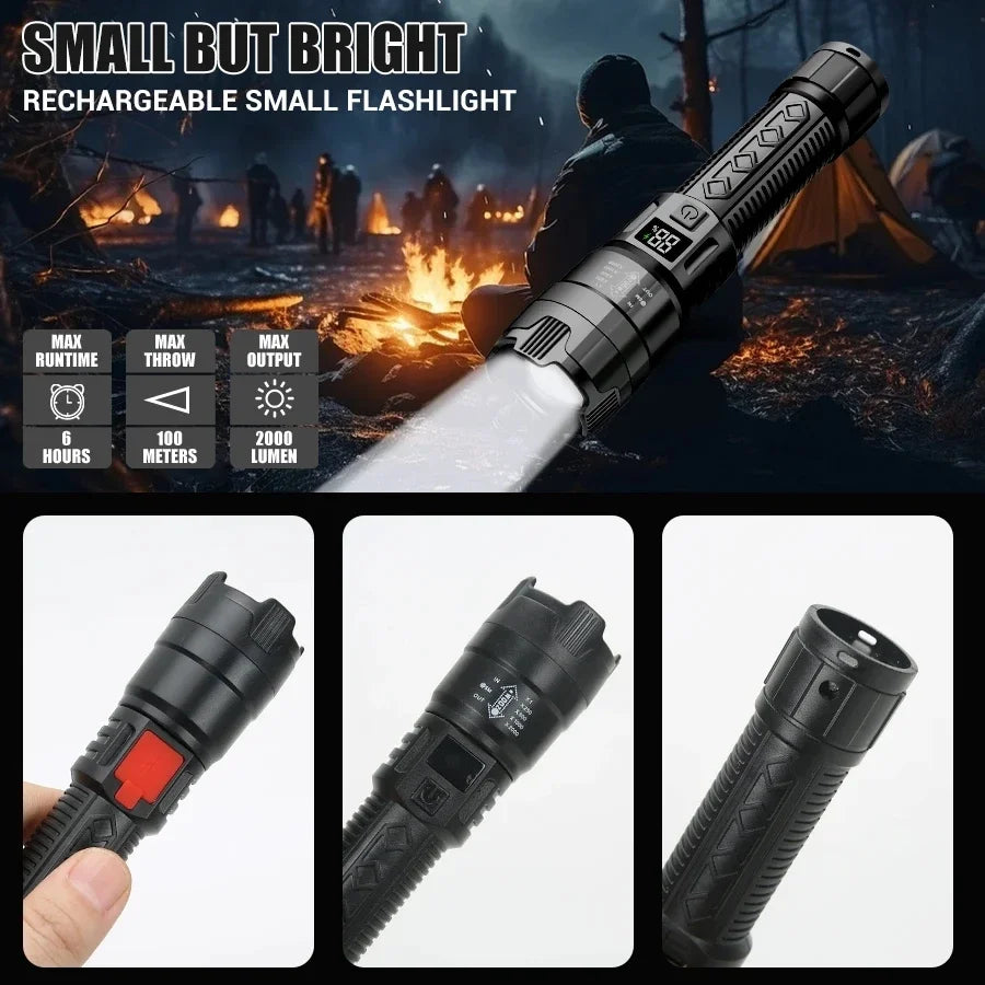 2000LM Tactical LED Flashlight — USB Rechargeable Zoomable Torch with Digital Display