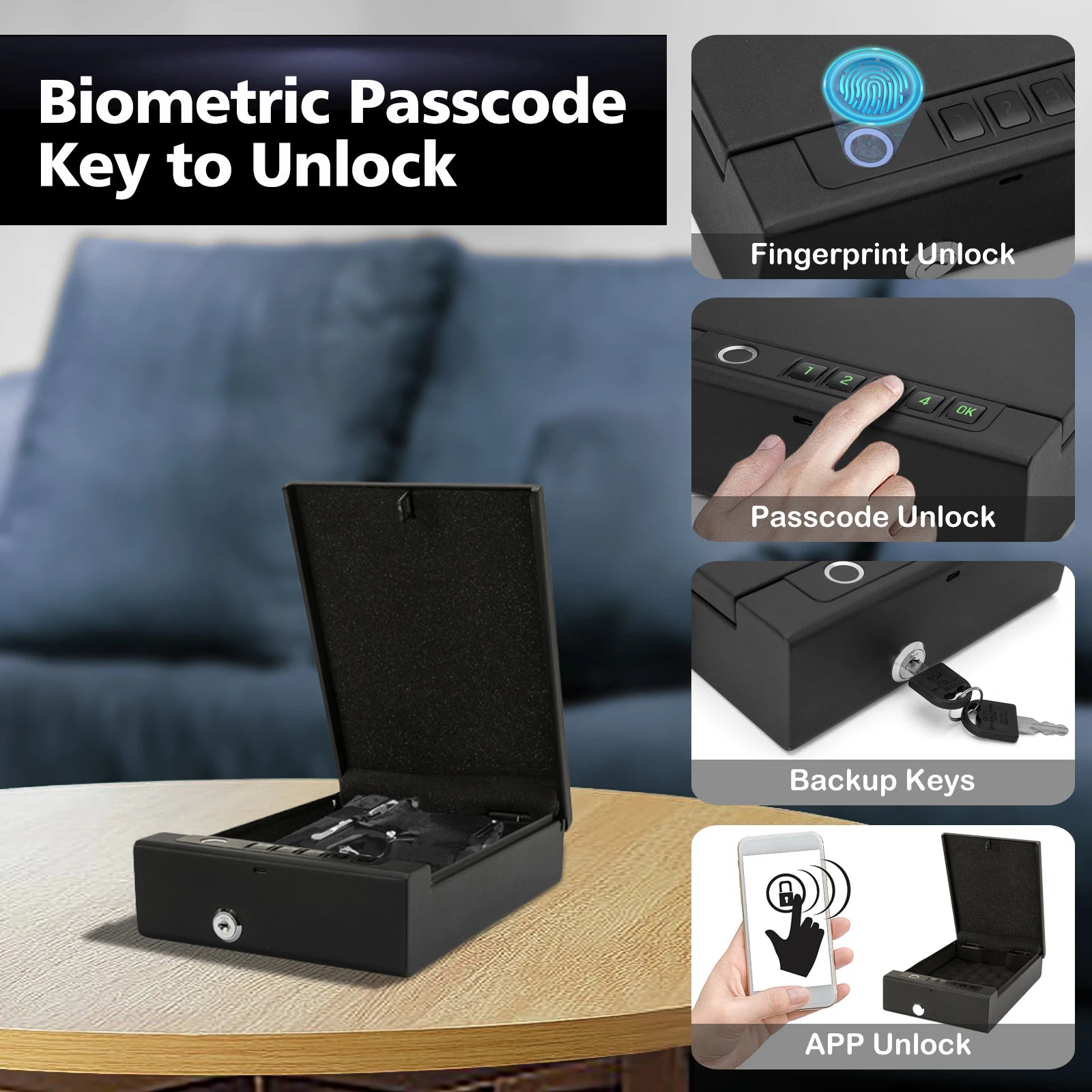 Biometric Portable Gun Safe — Fingerprint, PIN & App Unlock with Cold-Rolled Steel