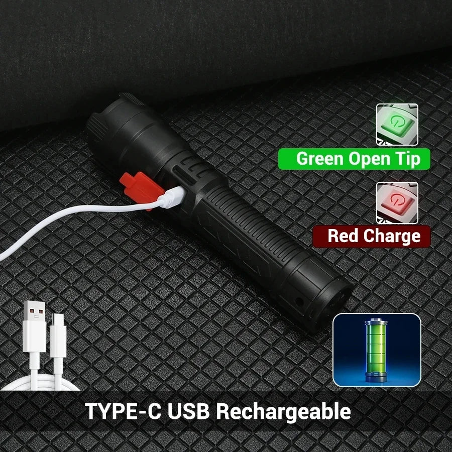 2000LM Tactical LED Flashlight — USB Rechargeable Zoomable Torch with Digital Display