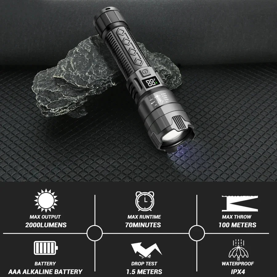 2000LM Tactical LED Flashlight — USB Rechargeable Zoomable Torch with Digital Display
